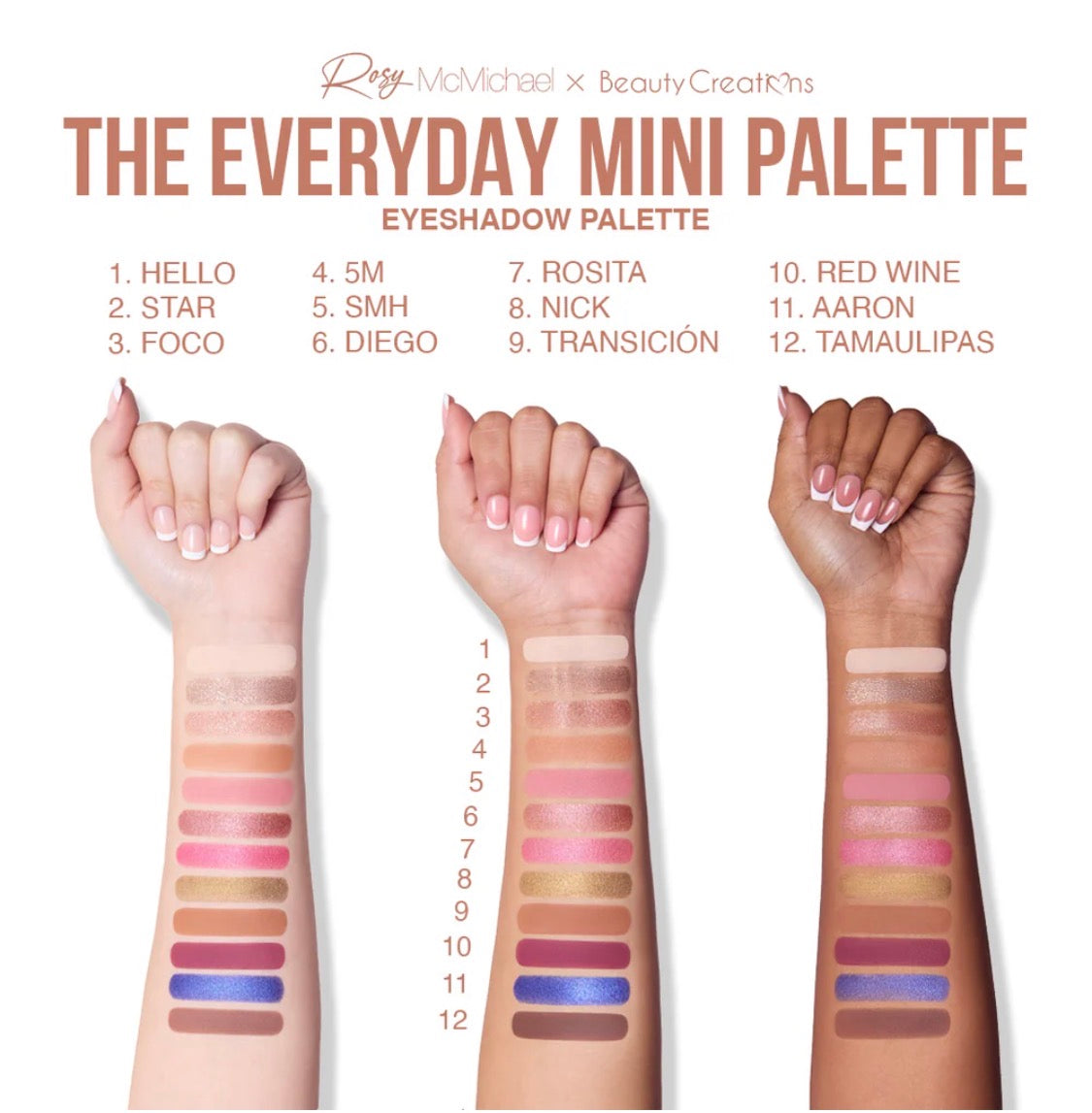 ROSY MCMICHAEL X BEAUTY CREATIONS ROSY'S ESSENTIALS VOL. 1: "THE EVERYDAY MINI PALETTE" 12-COLOR SHADOW PALETTE