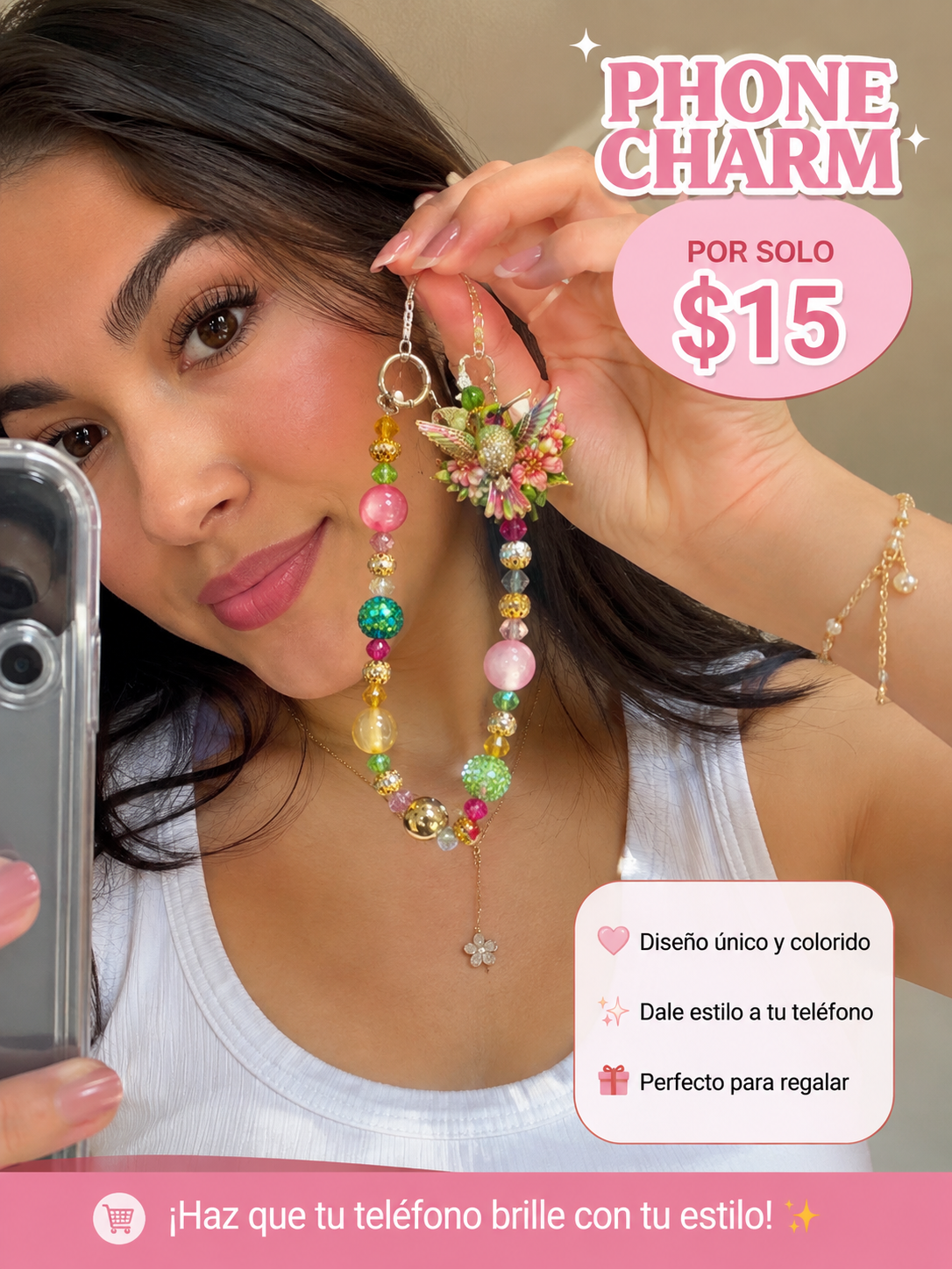 Phone Charm artesanal con hermoso diseño de colibrí
