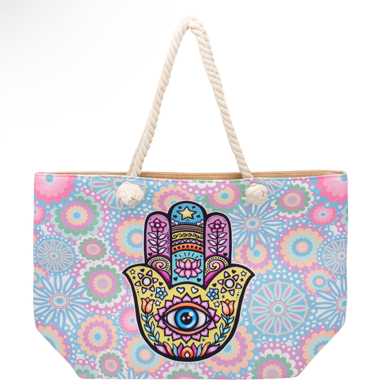 HAMSA EYE PATTERN FLOWER PRINT BEACH TOTE BAG