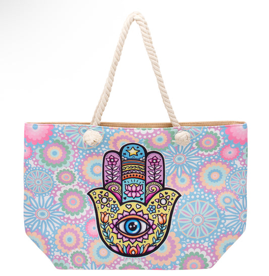 HAMSA EYE PATTERN FLOWER PRINT BEACH TOTE BAG