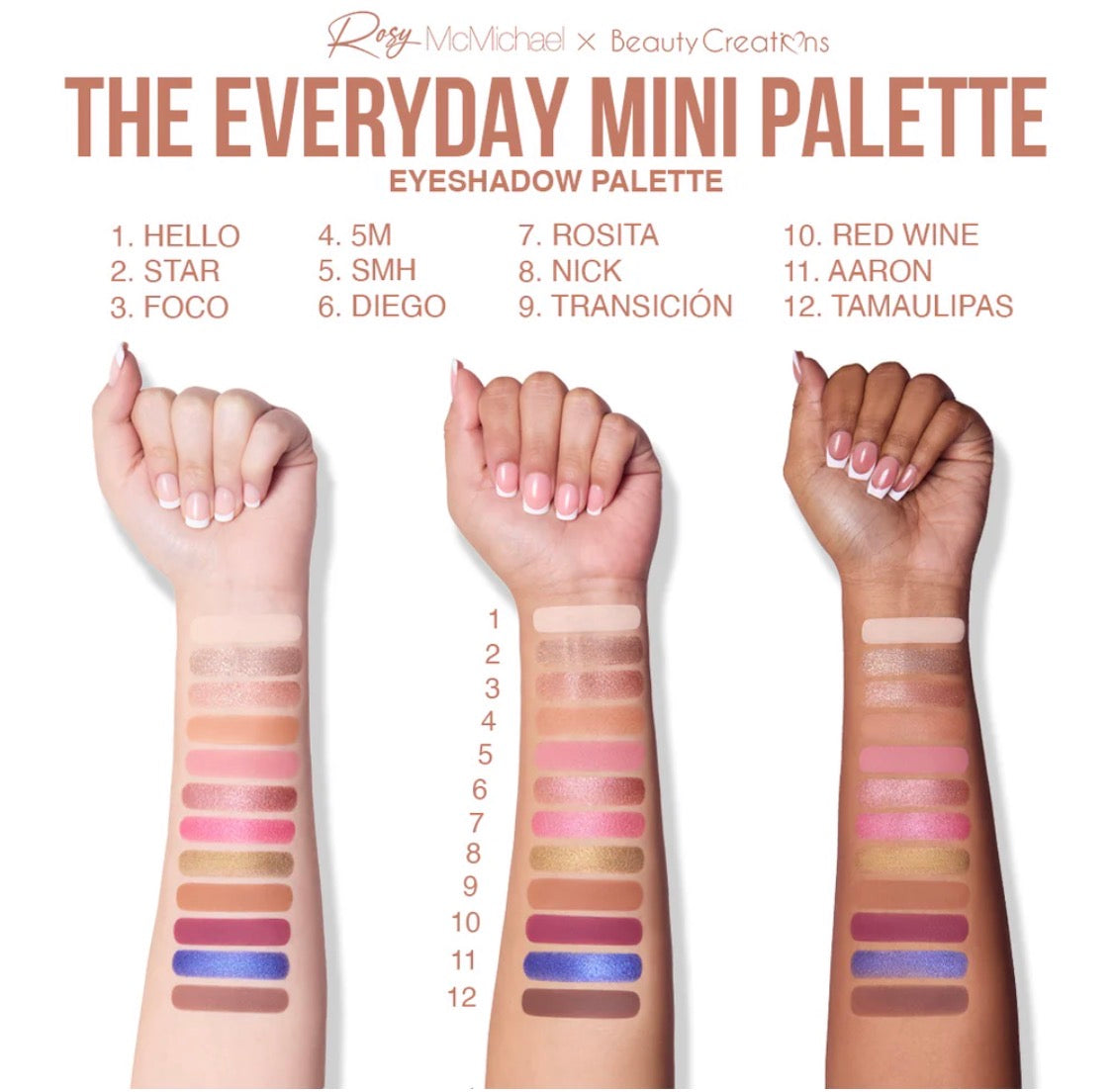ROSY MCMICHAEL X BEAUTY CREATIONS ROSY'S ESSENTIALS VOL. 1: "THE EVERYDAY MINI PALETTE" 12-COLOR SHADOW PALETTE