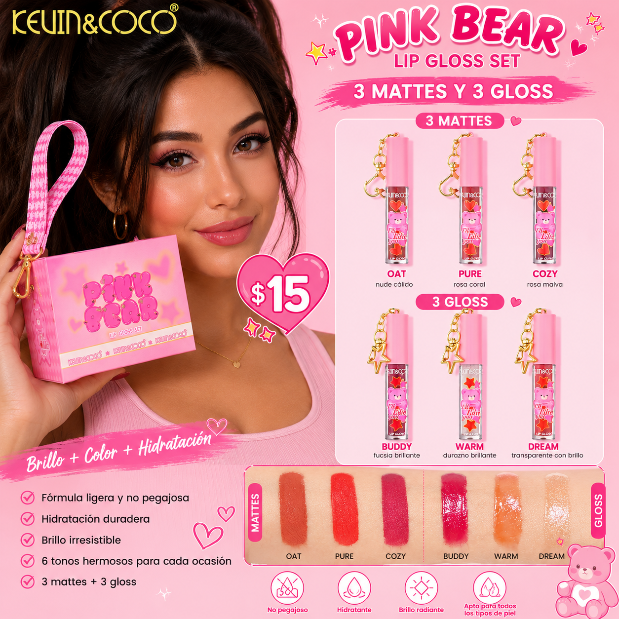🎀 ¡Pink Bear Lip Gloss Set de Kevin & Coco! 🐻💖