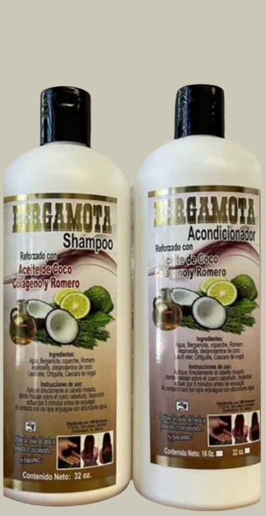 SHAMPOO Y ACONDITIONER DE BERGAMOTA REFORZADO CON ACEITE DE COCO, COLÁGENO Y ROMERO