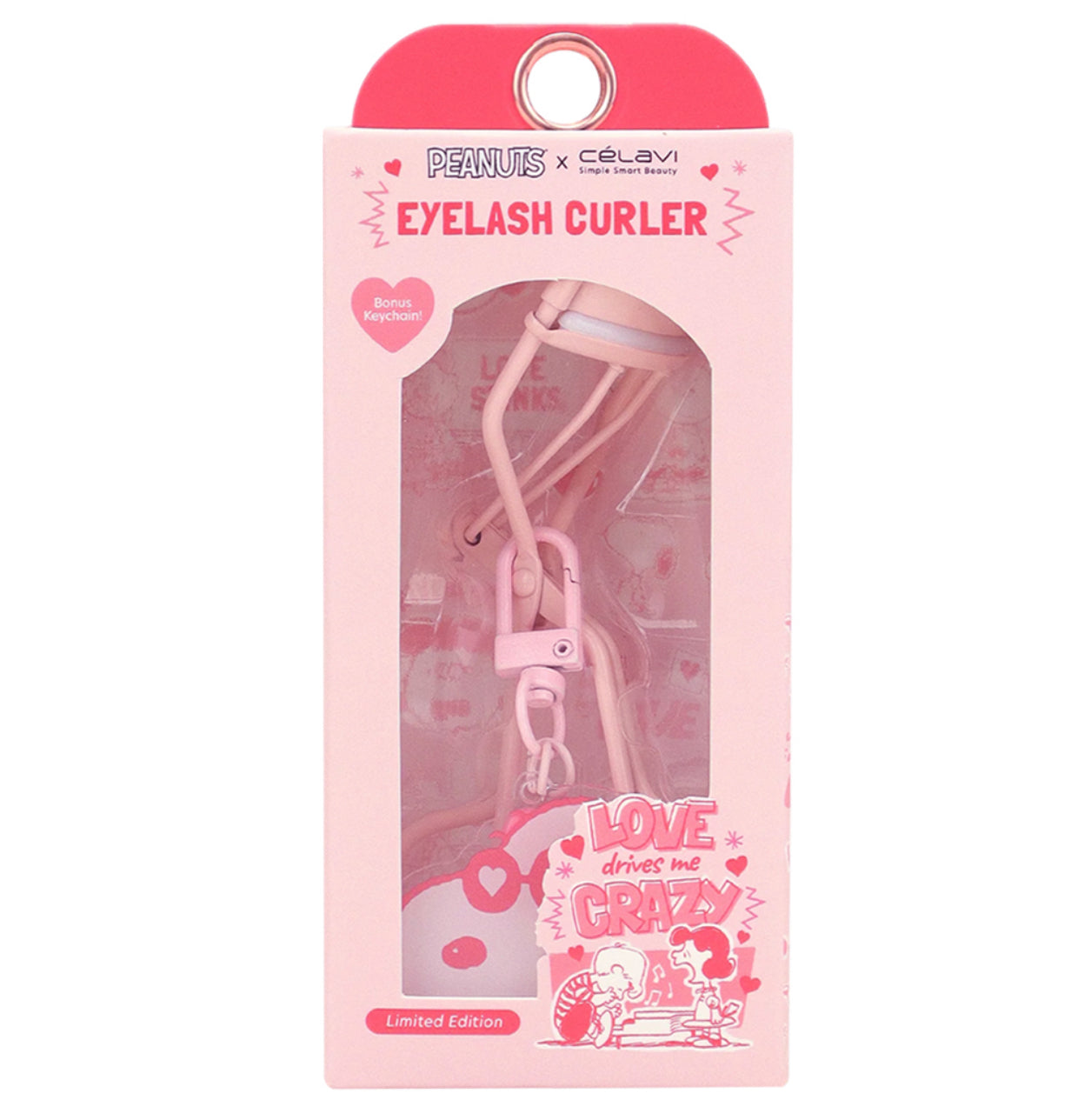 CELAVI PEANUTS PINK EYELASH CURLER WITH KEYCHAIN