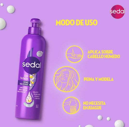 SEDAL Crema Para Peinar Liso Perfecto, Deja Tu Cabello Liso Y Fuerte De La Raíz A Las Puntas, Con Aceite De Macadamia, Vitamina C Y Proteína De Seda